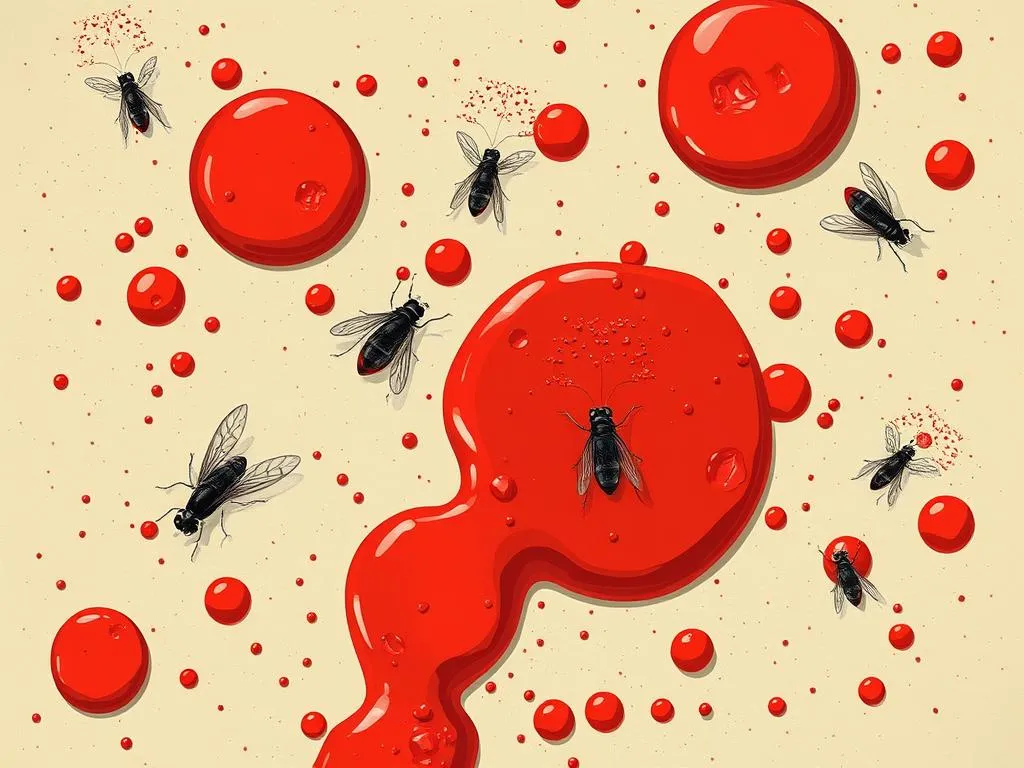 manchas de sangre con moscas bebiendosangre significado